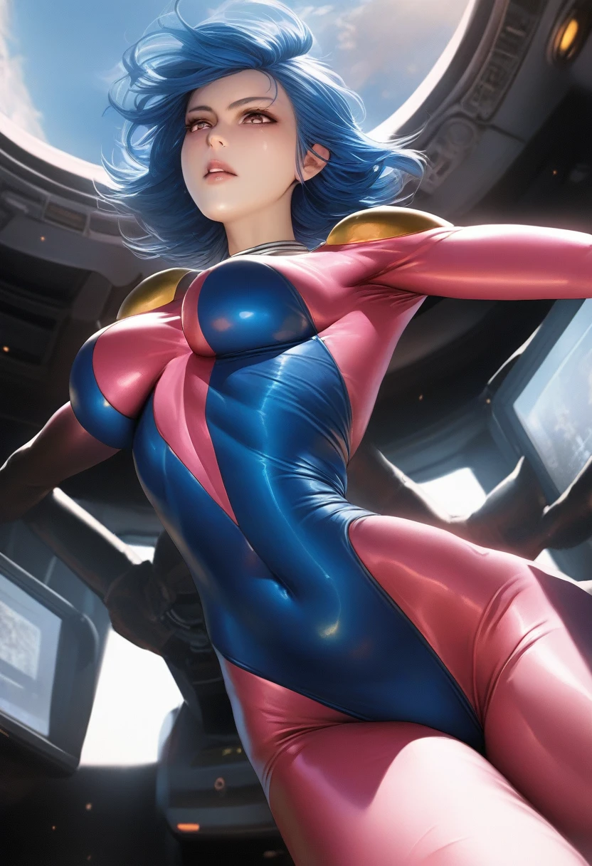 Perfect hands, Perfect Fingers,Perfect Anatomy, masterpiece, Highest quality,Realistic, hyperRealistic, 16k hdr,One Girl, Mid-chest,Blue Hair, Bobcut,Mobile Trace Suit, Scapula,Fighting Pose, Upper Body, cockpit,From below