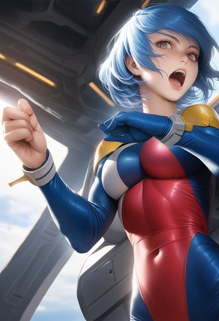 Perfect hands, Perfect Fingers,Perfect Anatomy, masterpiece, Highest quality,Realistic, hyperRealistic, 16k hdr,One Girl, Mid-chest,Blue Hair, Bobcut,Mobile Trace Suit, Scapula,Fighting Pose, Upper Body, cockpit,From below