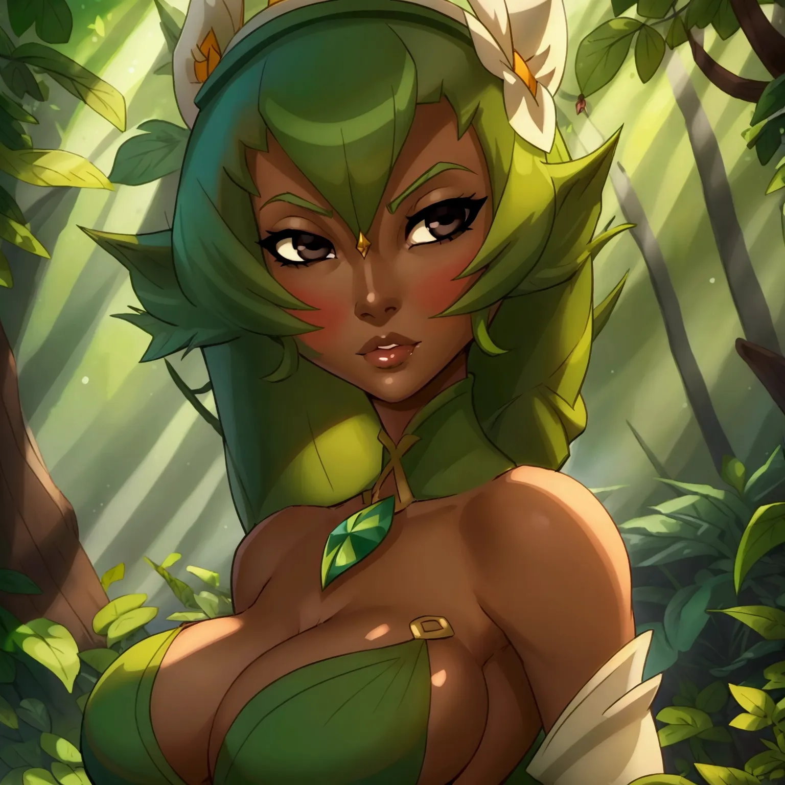 ((ultra quality)), ((masterpiece)), amalia sheran sharm, wakfu style, ((green medium long hair)), (beautiful face), (beautiful f...