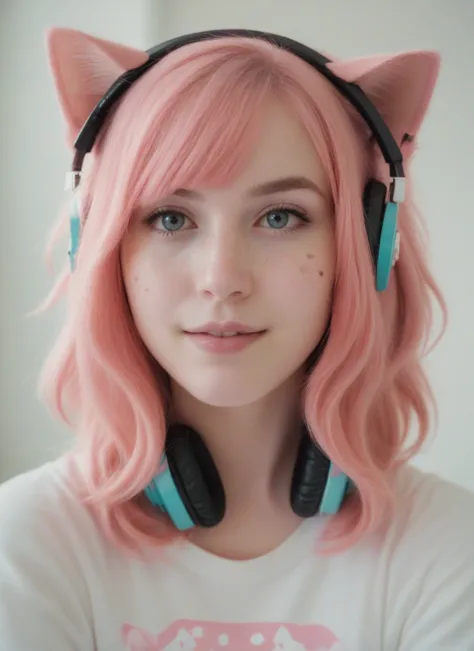 score_9,score_8_up, score_7_up, photograph of a cute gamer girl, pale skin, pink hair, medium hair, freckles, headphones, cat ea...