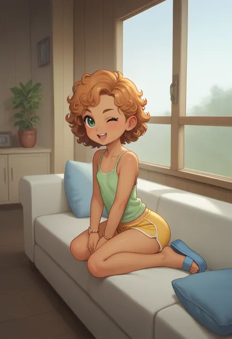 rustic, childish, chibi, girly, tanned, young girl, curly orange hair, green eyes, sexy wink, flat chest, small ass, bracelet, s...