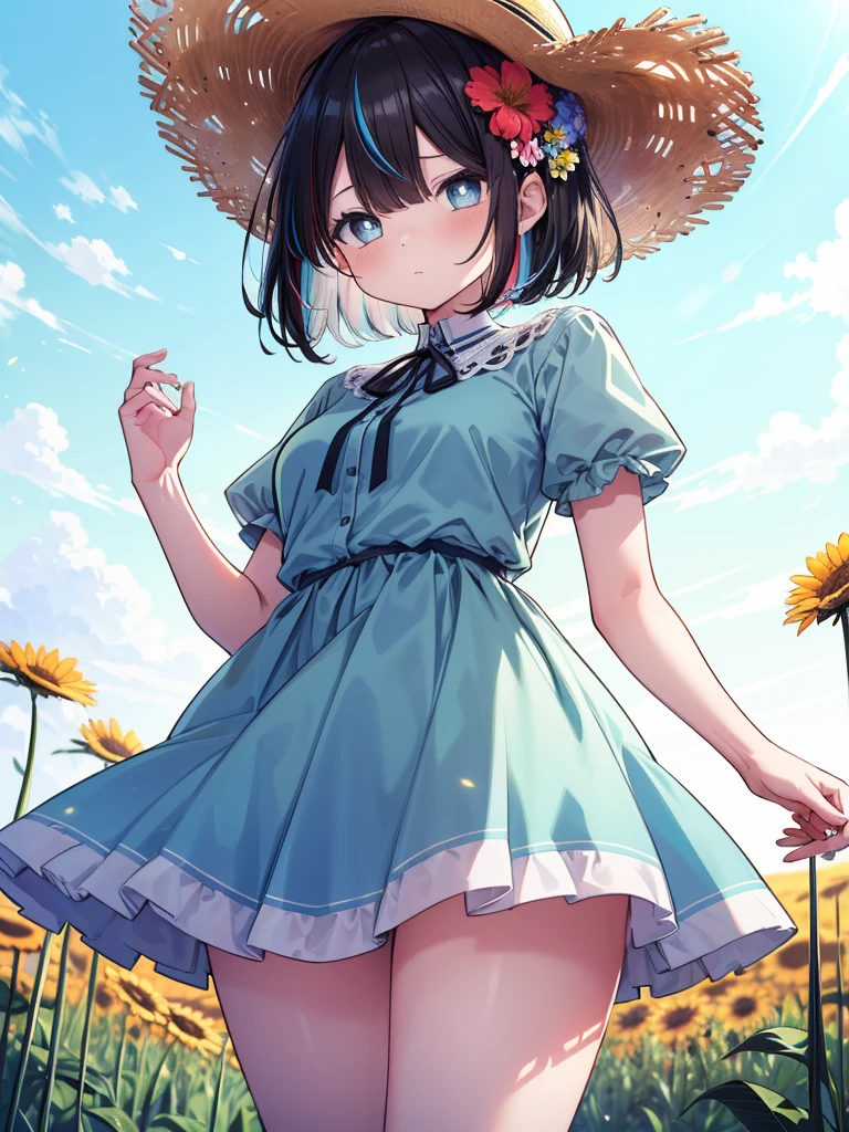 (cowboy shot), (best quality, ultra-high resolution, depth of field:1.2), adult, 1woman, toned body, medium breasts, wide hips, solo, black hair, streaked hair, short hair, bangs, upturned eyes, bright eyes, (wearing light blue summer dress), summer hat, flower field scenery, bored, serious expression