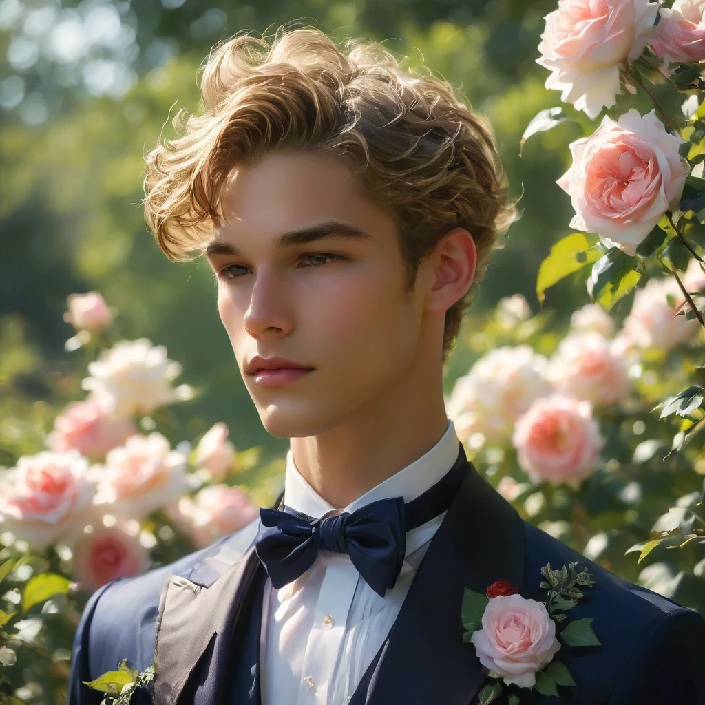 Create an image of a young man inspired by the characteristics of the rose 'The Prince.' 23 year old male supermodel, attractive and exotic, short curly blonde hair, a masculine appearance with slender smooth body, delicate and symmetrical face, natural olive skin tone, He standing with a relaxed yet confident posture, against a blue rose bush. wear a Jockstrap deep rich dark red-purple color, thick bulge focus, with Victorian-inspired robe adorned with intricate embroidery and subtle thorn-like details on his accessories. His attire should echo the complex, multi-petaled structure of the rose, with layers and textures that add depth to his appearance. The composition should center on the young man, with a slight off-center placement to draw the eye towards him while still incorporating of garden background. The lighting should be soft and diffused, with golden-hour sunlight filtering through the leaves, creating a warm, inviting atmosphere. Use a shallow depth of field to keep the focus on the subject while gently blurring the background, enhancing the dreamy, almost ethereal quality of the scene. The environment should be a well-tended garden, with glossy green leaves and blooming roses that match the man's attire, creating a harmonious blend between the subject and his surroundings. The atmosphere should be serene and regal, with a hint of mystery and romance. Photography techniques should include a low-angle shot to emphasize the young man's stature and elegance, and a slight tilt to add a dynamic element to the composition. Use a full-frame DSLR or mirrorless camera, such as a Canon EOS R7 paired with a prime lens like an 85mm f/1.4 to achieve a beautiful bokeh effect and sharp subject focus. by Tim Walker known for his fantastical and richly detailed fashion photography, which often features elements of nature and a dreamlike Hight quality.