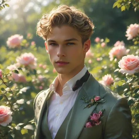 create an image of a young man inspired by the characteristics of the rose 'the prince.' 23 year old male supermodel, attractive...