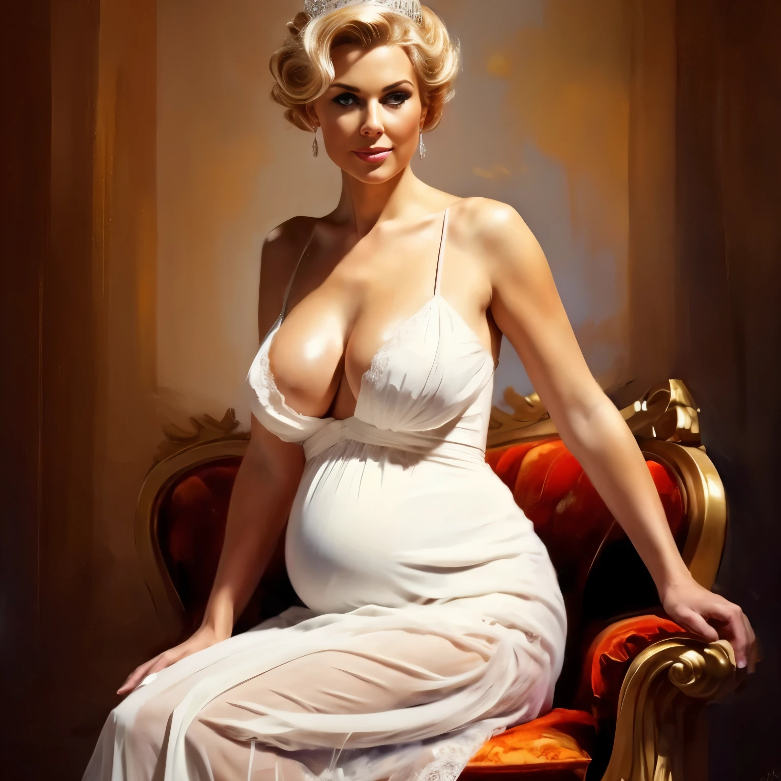 nsfw, photorealistic, beautiful face, (masterpiece:1.4), (best quality:1.4), extremely detailed, hyper-detailed, soft lighting 38 years old beautiful 8 month pregnant blonde 1950's pinup woman in her late thirties sitting on kings throne in a big hall, with a crown on her head, 8 month pregnant, dressed only in a very short very transparent lace night gown, sideboob, no naked breasts, white pearl necklace and white pearl earrings, lace stockings, perfect body, busty, perfect legs, intricate details, masterpiece, bestquality, uhd, 8k, ((plain backgound:1.3)), shaved pubic area, big breasts, hanging breasts, heavily sagging breasts, brown big erected hard nipples, short blonde hairbun with a bow in hair, shaved pubic area, (perfect_face), intricate, 4k, detailed_background, full_body, realistic, 8k, sexy, side view, she looking over her shoulder, very bashful smile, very shameful facial expression,pinup512, style-princess_sd2
