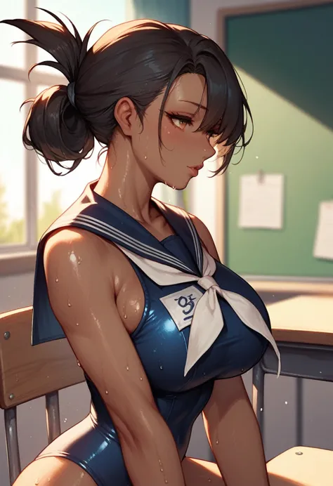 (((dark brown skin))) azur lane　sailor suit　school swimsuit　beautiful tall woman　black hair　 sweat　(((folded ponytail)))　classro...