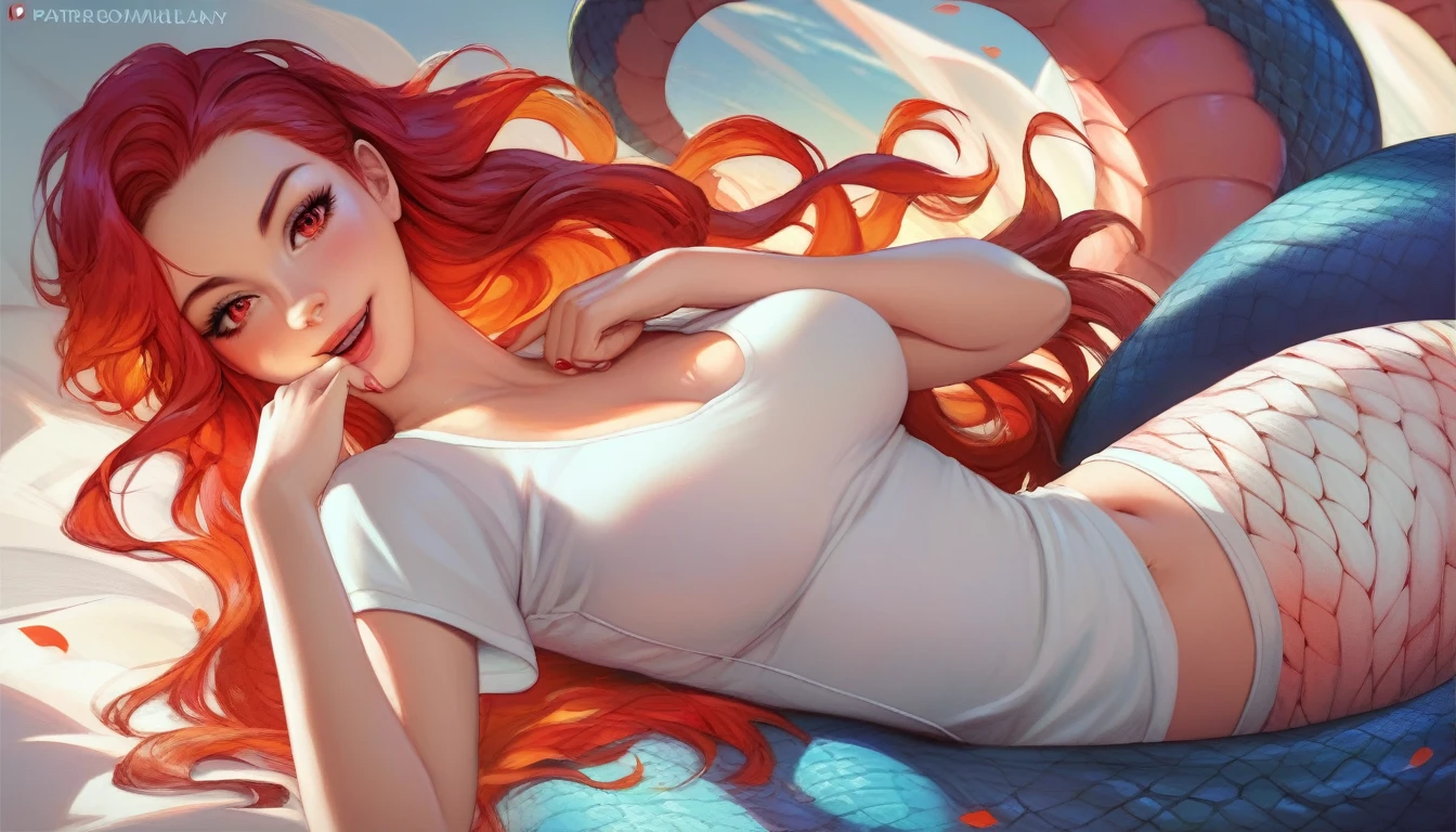 anime fantasy art style, a Goddess Lamia, flaming ruby ​​red hair, long and flowing, beautiful bright red eyes, wearing a blue coat and stylish white t-shirt, hourglass body, looking at the viewer with a smile and posing with open arms. Detailed design, high quality, dynamic light