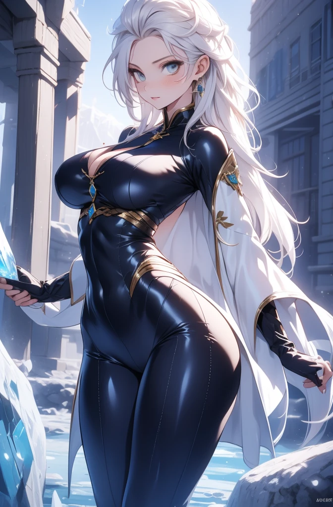 female, solo, young, sexy body, voluptuous figure, tightsuit, white hair, decolored blonde hair, ice effects around, ice queen, beautifull face, long hair, defined body, yellow and bright eyes, thick legs, strong legs, tall, Voluptuous legs, huge ass, big hip, big ass, female sorcerer, blue and black robes,