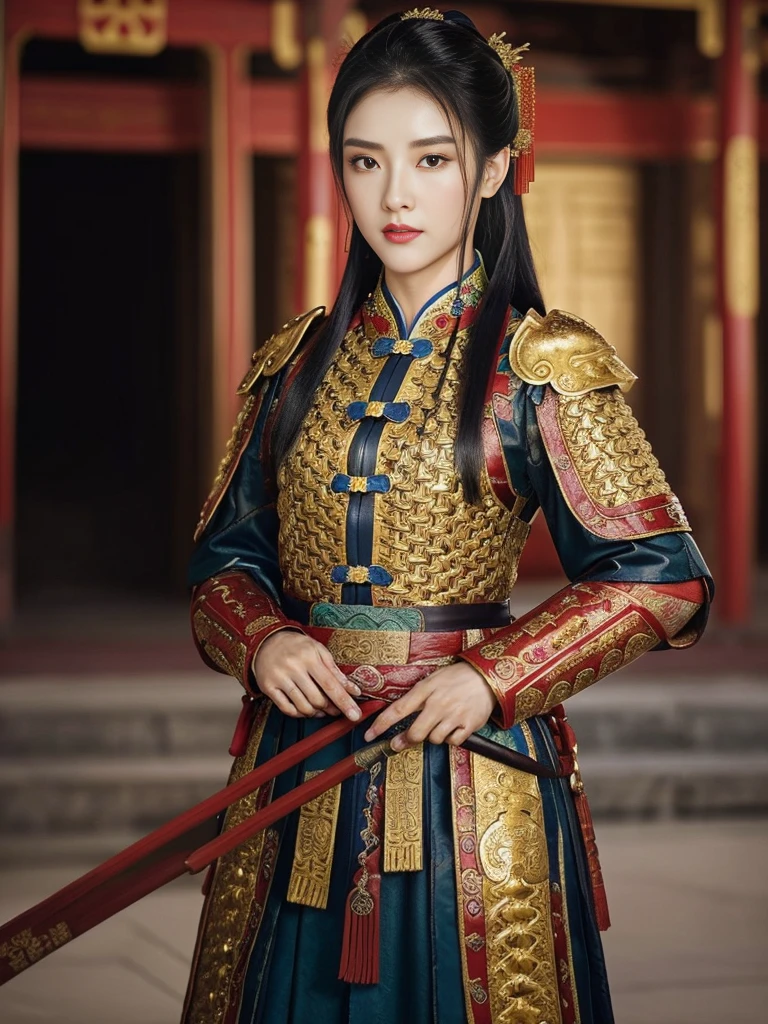 Front view, ancient Chinese girl, 2 century, looking at camera, beautiful Chinese  Young General, 2, (Highly detailed face, Ordinary eyes,  Tapered eyebrows, Black eye, Variegated eyes, Fuller lips, little Lips, Silas),(middle breasts, middle hip), (ancient Chinese costume, Red decoration leather armor emboss armor of dragon ,  chain inner clothes, Red mantle ), (holding a ancient Chinese Spear), standing in Chinese Palace, near Garden, sunset ,(masterpiece, Highest quality, masterpiece, God-like quality, Godly art, , Very realistic)