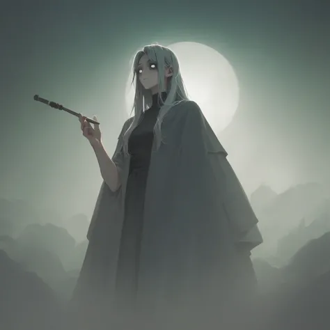 Anime Figures，Dark Villain,Long hair flutters，Grey Hair,  Cool droopy-eyed woman, tobacco, Thick fog around,4K