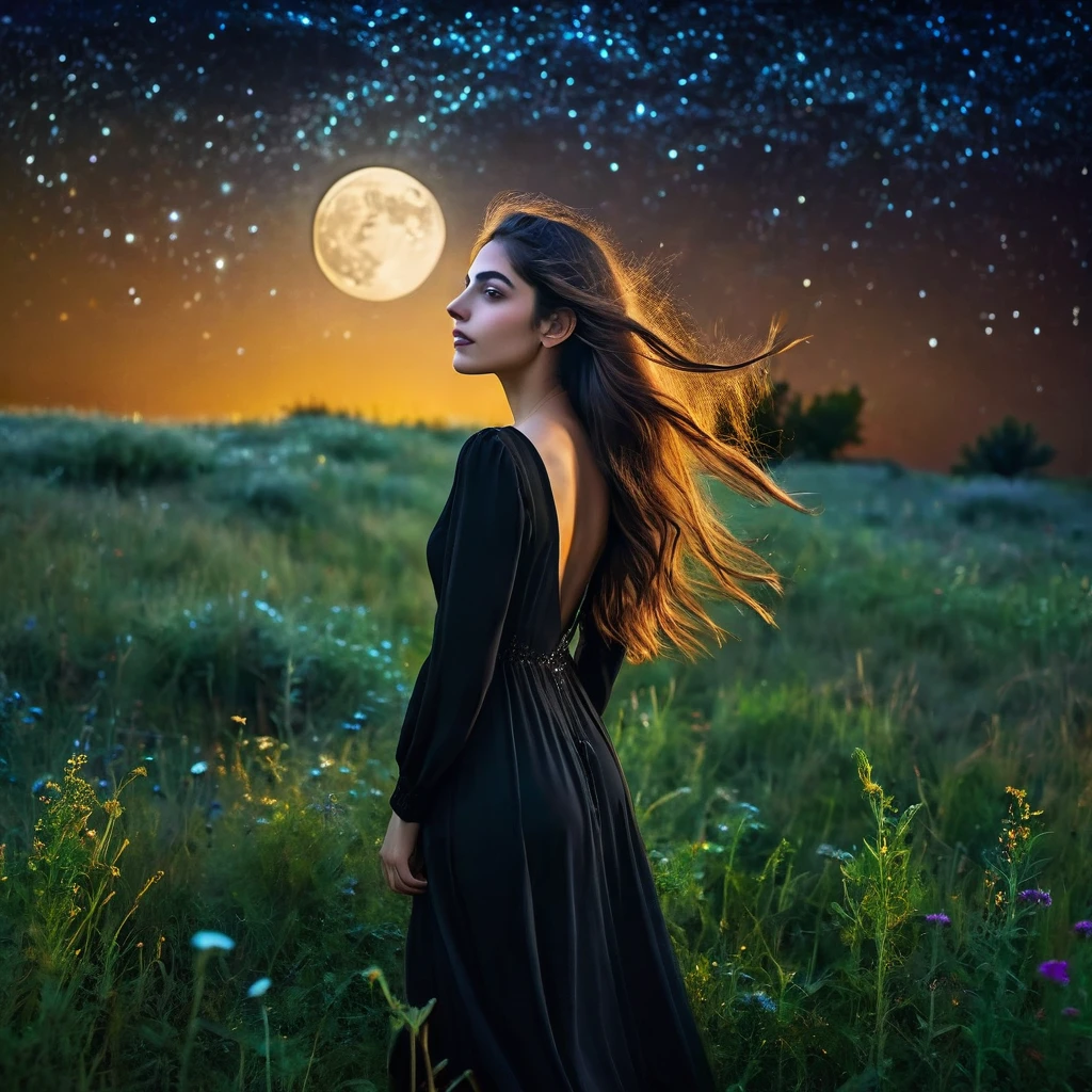 beautiful lebanese girl with a very long hair wearing black dress standing in the meadow in moon light, looking to the stars, psychedelic, dreamy, cinematic
