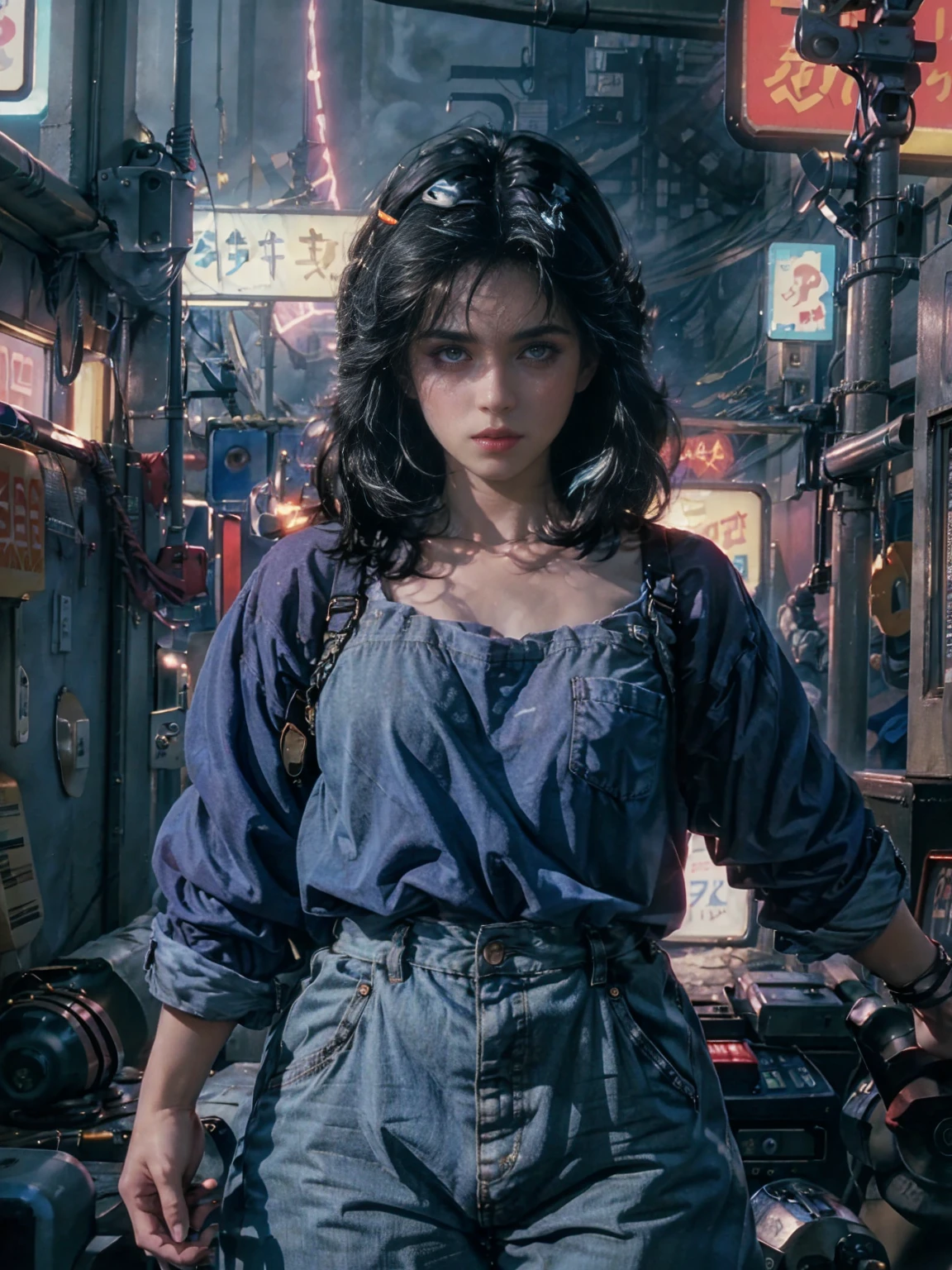 從上面, 高視角 shot, In the heart of the retrowave 80's world, a young beautiful woman with 80's style haircut, 80's fashion sexy denim clothing. in a gamer bedroom with 80's style, 牆上的復古電腦和樂團海報, 感性的姿勢, 營造出復古浪潮的氛圍, 能源和霓虹燈. 優質眼睛, 眼睛看著相機, 超詳細, Beautiful and 80's aesthetically pleasing, 傑作, 4k, 光線追蹤, 中體, 特寫, 高視角, 粒子和硬霓虹燈,