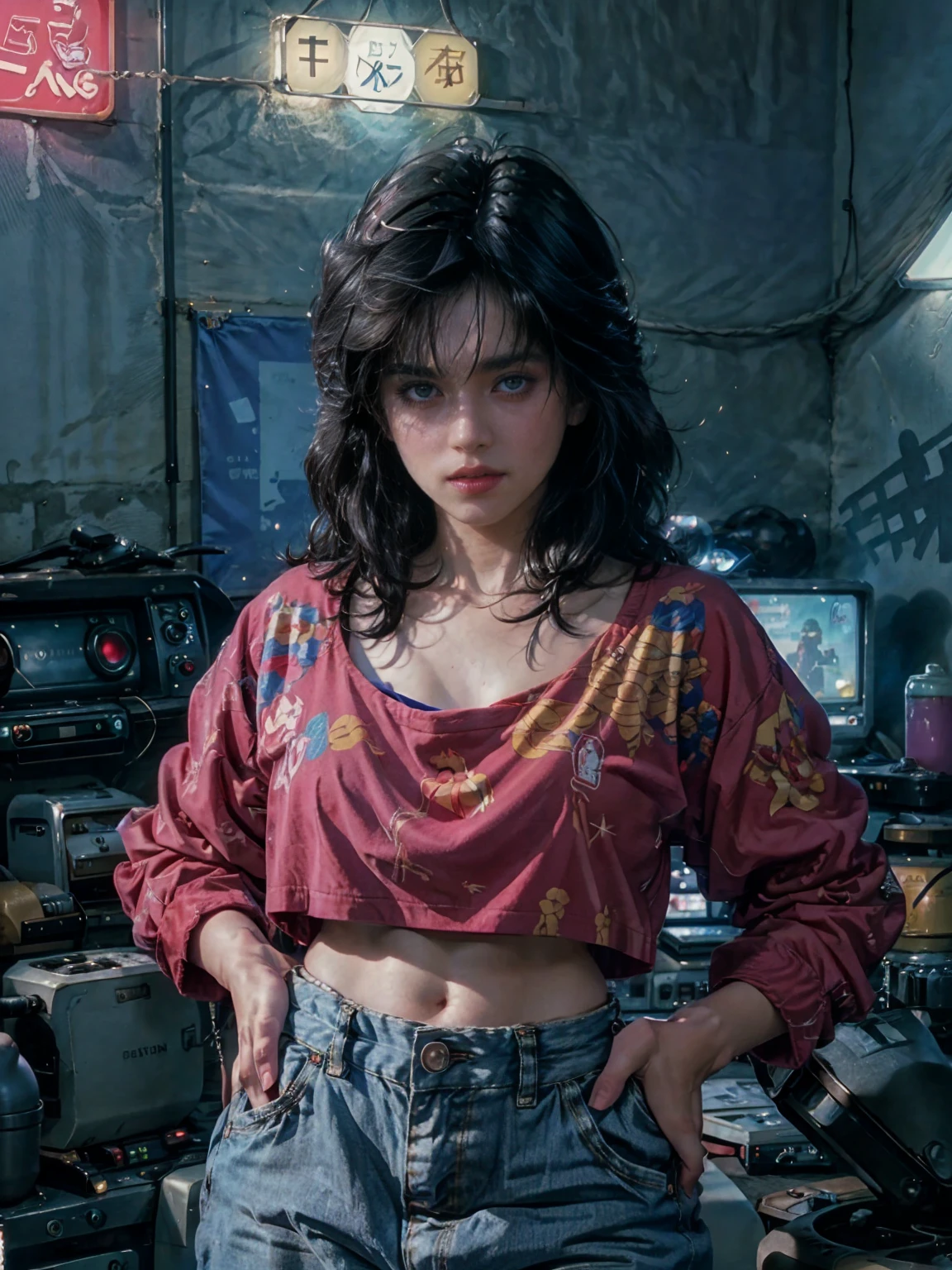 從上面, 高視角 shot, In the heart of the retrowave 80's world, a young beautiful woman with 80's style haircut, 80's fashion sexy denim clothing. in a gamer bedroom with 80's style, 牆上的復古電腦和樂團海報, 感性的姿勢, 營造出復古浪潮的氛圍, 能源和霓虹燈. 優質眼睛, 眼睛看著相機, 超詳細, Beautiful and 80's aesthetically pleasing, 傑作, 4k, 光線追蹤, 中體, 特寫, 高視角, 粒子和硬霓虹燈,