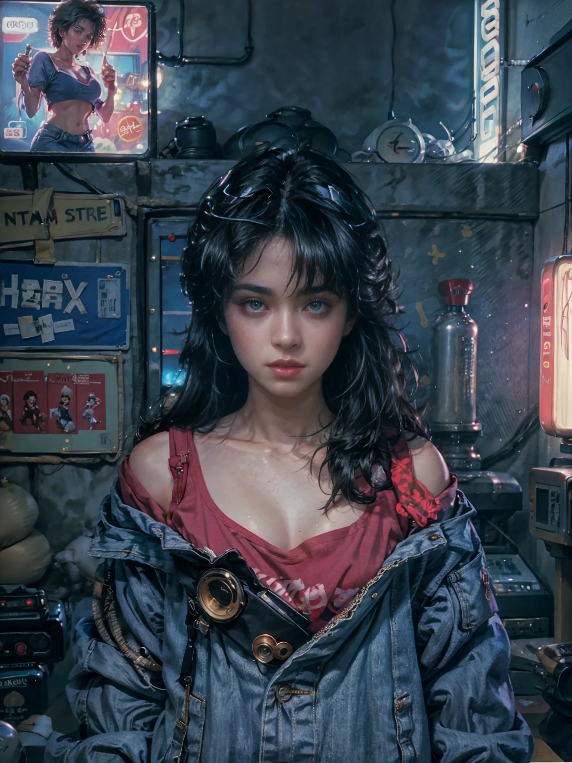 从上面, 高视野 shot, In the heart of the retrowave 80's world, a young beautiful woman with 80's style haircut, 80's fashion sexy denim clothing. in a gamer bedroom with 80's style, 墙上贴着复古电脑和音乐乐队海报, 性感姿势, 营造复古氛围, 能源和霓虹灯. 优质眼睛, 眼睛看着相机, 极其详细, Beautiful and 80's aesthetically pleasing, 杰作, 4K, 光线追踪, 中部, 特写, 高视野, 颗粒和硬霓虹灯,