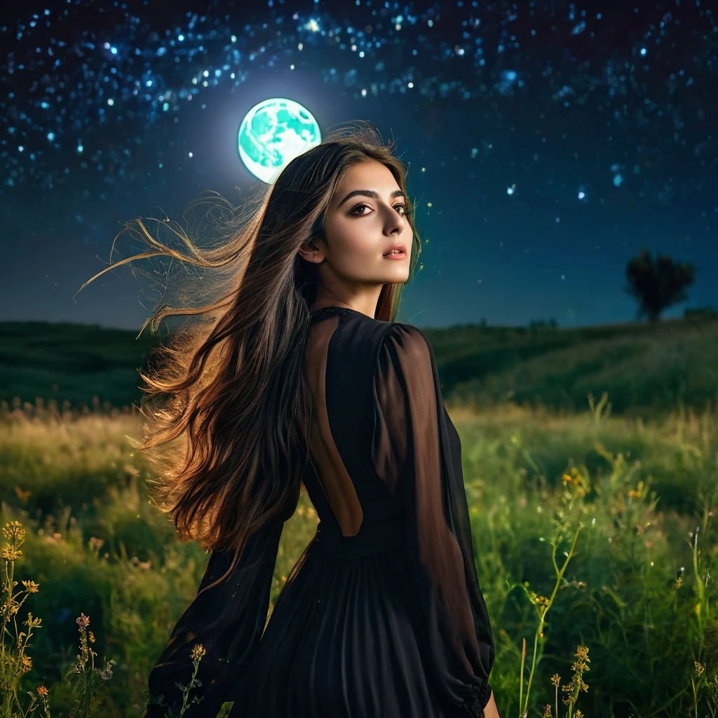 beautiful lebanese girl with a very long hair wearing black dress standing in the meadow in moon light, looking to the stars, psychedelic, dreamy, cinematic
