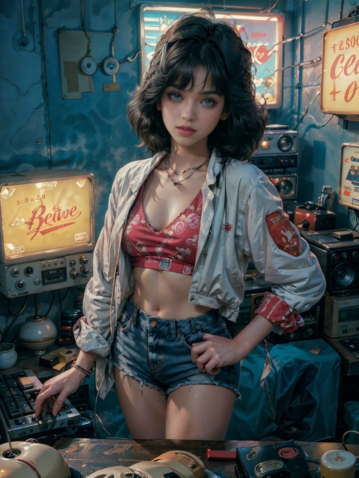 desde arriba, vista alta shot, In the heart of the retrowave 80's world, a young beautiful woman with 80's style haircut, 80's fashion sexy denim clothing. in a gamer bedroom with 80's style, Carteles retro de PC y bandas de música en la pared., sensual pose, crea una atmósfera de microondas, energía y luces de neón. ojos de buena calidad, ojos mirando a la camara, ultra detallado, Beautiful and 80's aesthetically pleasing, obra maestra, 4k, trazado de rayos, medio cuerpo, de cerca, vista alta, partículas y luces de neón duras,