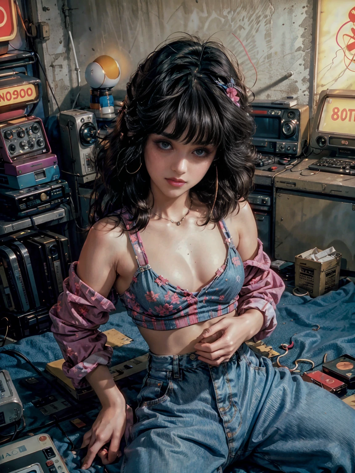 从上面, 高视野 shot, In the heart of the retrowave 80's world, a young beautiful woman with 80's style haircut, 80's fashion sexy denim clothing. in a gamer bedroom with 80's style, 墙上贴着复古电脑和音乐乐队海报, 性感姿势, 营造复古氛围, 能源和霓虹灯. 优质眼睛, 眼睛看着相机, 极其详细, Beautiful and 80's aesthetically pleasing, 杰作, 4K, 光线追踪, 中部, 特写, 高视野, 颗粒和硬霓虹灯,