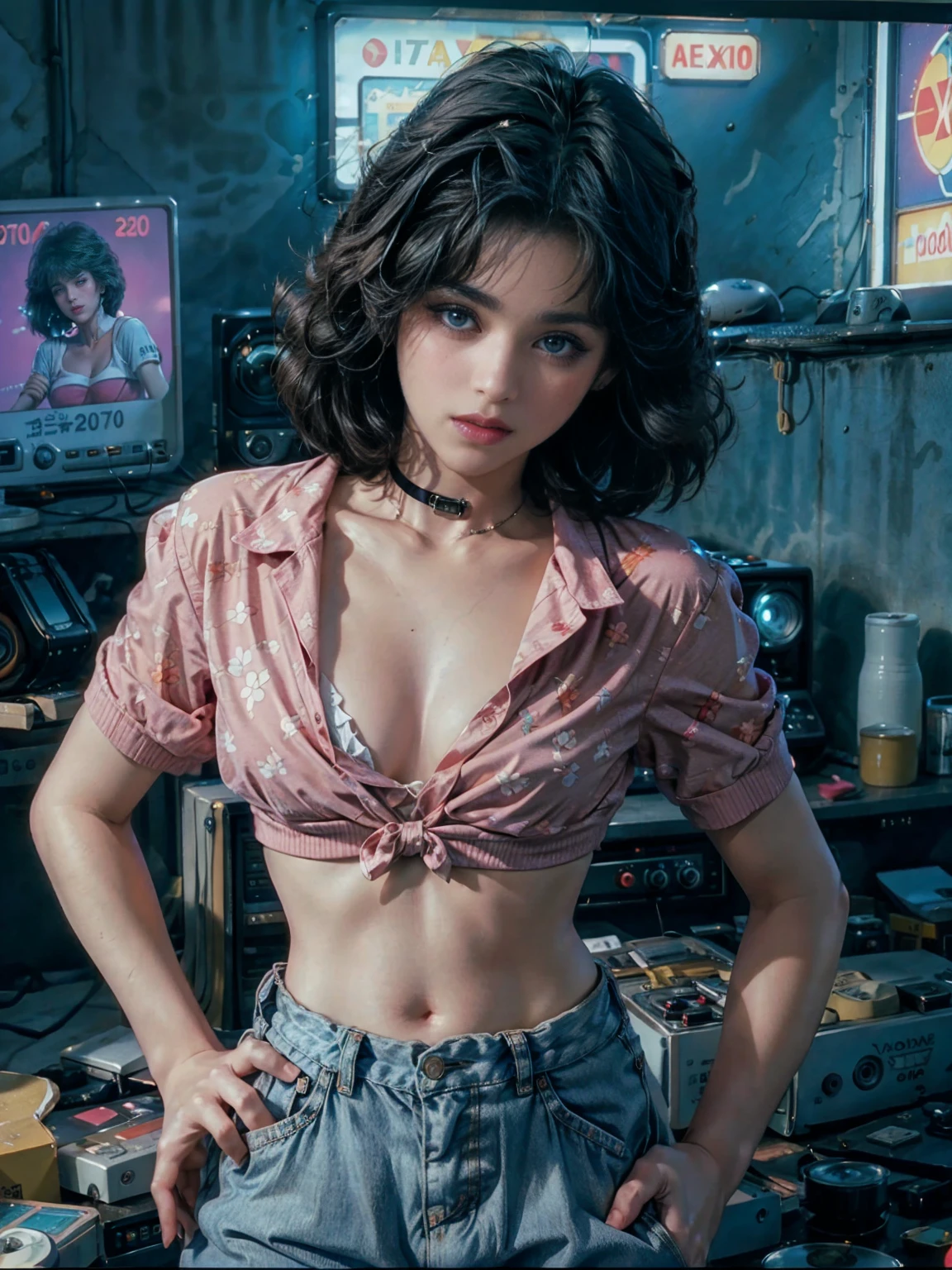 위에서, 높은 전망 shot, In the heart of the retrowave 80's world, a young beautiful woman with 80's style haircut, 80's fashion sexy denim clothing. in a gamer bedroom with 80's style, 레트로 PC와 뮤직 밴드 포스터가 벽에, 관능적인 포즈, 레트로웨이브 분위기를 연출하다, 에너지와 네온 불빛. 좋은 품질의 눈, 카메라를 보는 눈, 매우 상세한, Beautiful and 80's aesthetically pleasing, 걸작, 4K, 광선 추적된, 미들 바디, 확대, 높은 전망, 입자와 하드 네온 불빛,