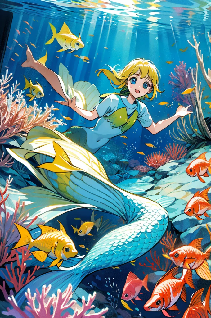 anime style, super fine illustration, highly detailed, dynamic angle, beautiful detailed, 8k, In the summer, at midday, underwater, BREAK vivid tropical fish swim in schools, surrounded by colorful corals on the seabed. A graceful sea turtle swims among them. BREAK A beautiful mermaid swims happily around, smiling occasionally. BREAK Sunlight filters through the water, brightly illuminating the scene. BREAK Everyone is enjoying the underwater world.(LoRA:0.7)