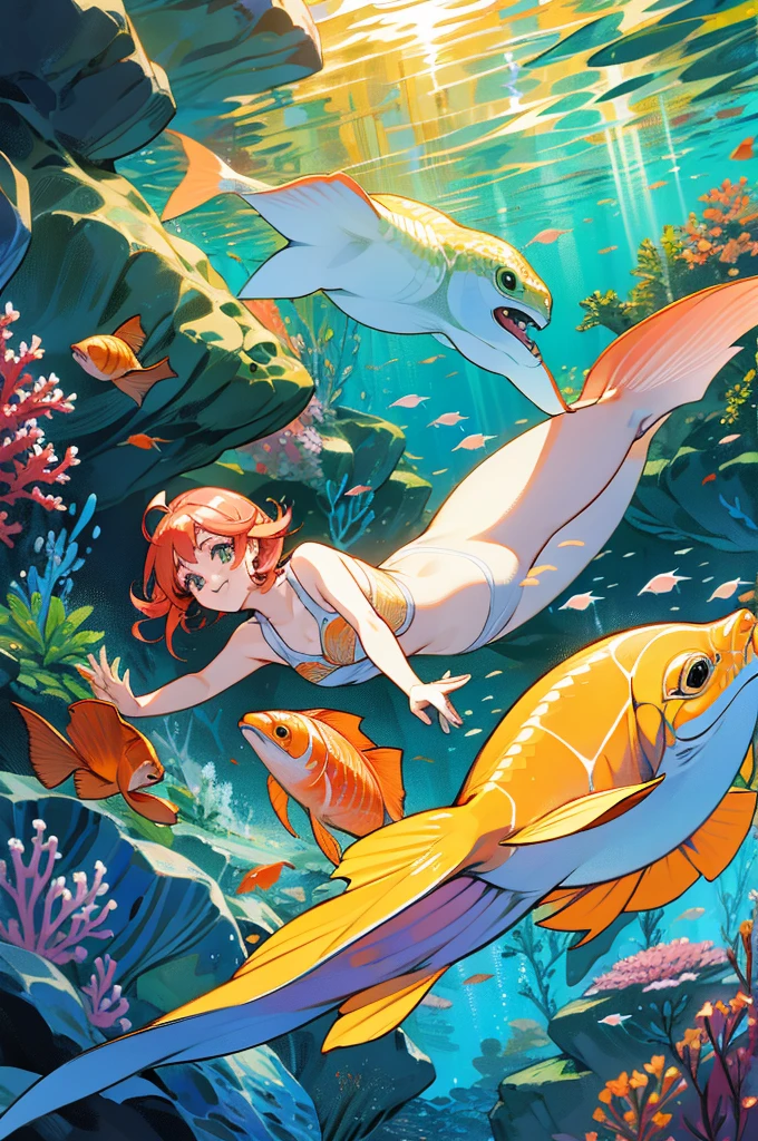 anime style, super fine illustration, highly detailed, dynamic angle, beautiful detailed, 8k, In the summer, at midday, underwater, BREAK vivid tropical fish swim in schools, surrounded by colorful corals on the seabed. A graceful sea turtle swims among them. BREAK A beautiful mermaid swims happily around, smiling occasionally. BREAK Sunlight filters through the water, brightly illuminating the scene. BREAK Everyone is enjoying the underwater world.(LoRA:0.5)