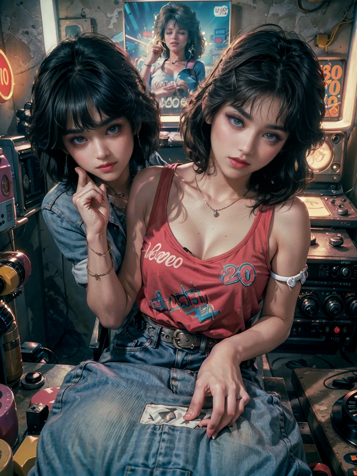 從上面, 高視角 shot, In the heart of the retrowave 80's world, a young beautiful woman with 80's style haircut, 80's fashion sexy denim clothing. in a gamer bedroom with 80's style, 牆上的復古電腦和樂團海報, 感性的姿勢, 營造出復古浪潮的氛圍, 能源和霓虹燈. 優質眼睛, 眼睛看著相機, 超詳細, Beautiful and 80's aesthetically pleasing, 傑作, 4k, 光線追蹤, 中體, 特寫, 高視角, 粒子和硬霓虹燈,