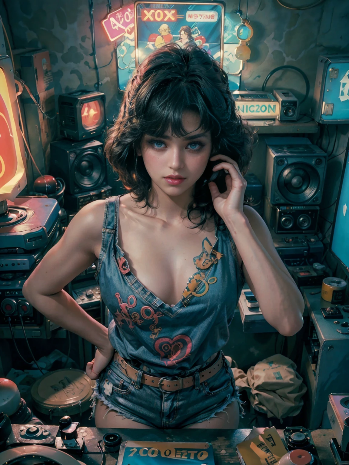 从上面, 高视野 shot, In the heart of the retrowave 80's world, a young beautiful woman with 80's style haircut, 80's fashion sexy denim clothing. in a gamer bedroom with 80's style, 墙上贴着复古电脑和音乐乐队海报, 性感姿势, 营造复古氛围, 能源和霓虹灯. 优质眼睛, 眼睛看着相机, 极其详细, Beautiful and 80's aesthetically pleasing, 杰作, 4K, 光线追踪, 中部, 特写, 高视野, 颗粒和硬霓虹灯,