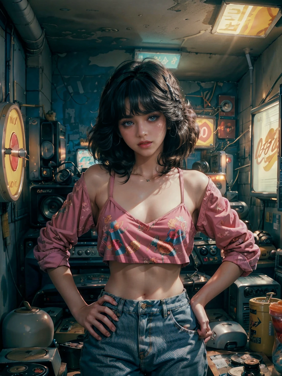 从上面, 高视野 shot, In the heart of the retrowave 80's world, a young beautiful woman with 80's style haircut, 80's fashion sexy denim clothing. in a gamer bedroom with 80's style, 墙上贴着复古电脑和音乐乐队海报, 性感姿势, 营造复古氛围, 能源和霓虹灯. 优质眼睛, 眼睛看着相机, 极其详细, Beautiful and 80's aesthetically pleasing, 杰作, 4K, 光线追踪, 中部, 特写, 高视野, 颗粒和硬霓虹灯,