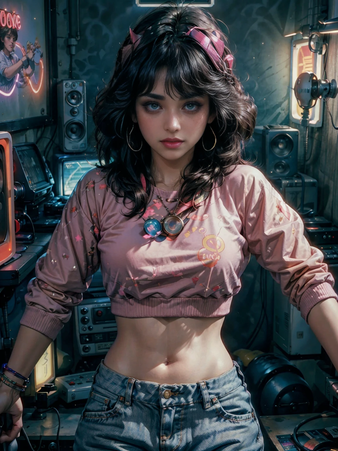 from above, high view shot, In the heart of the retrowave 80's world, a young beautiful woman with 80's style haircut, 80's fashion sexy denim clothing. in a gamer bedroom with 80's style, retro pc and music band posters on the wall, sensual pose, creates a retrowave atmosphere, energy and neon lights. fine quality eyes, eyes looking at the camera, ultra detailed, Beautiful and 80's aesthetically pleasing, masterpiece, 4k, raytraced, middle body, close up, high view, particles and hard neon lights,