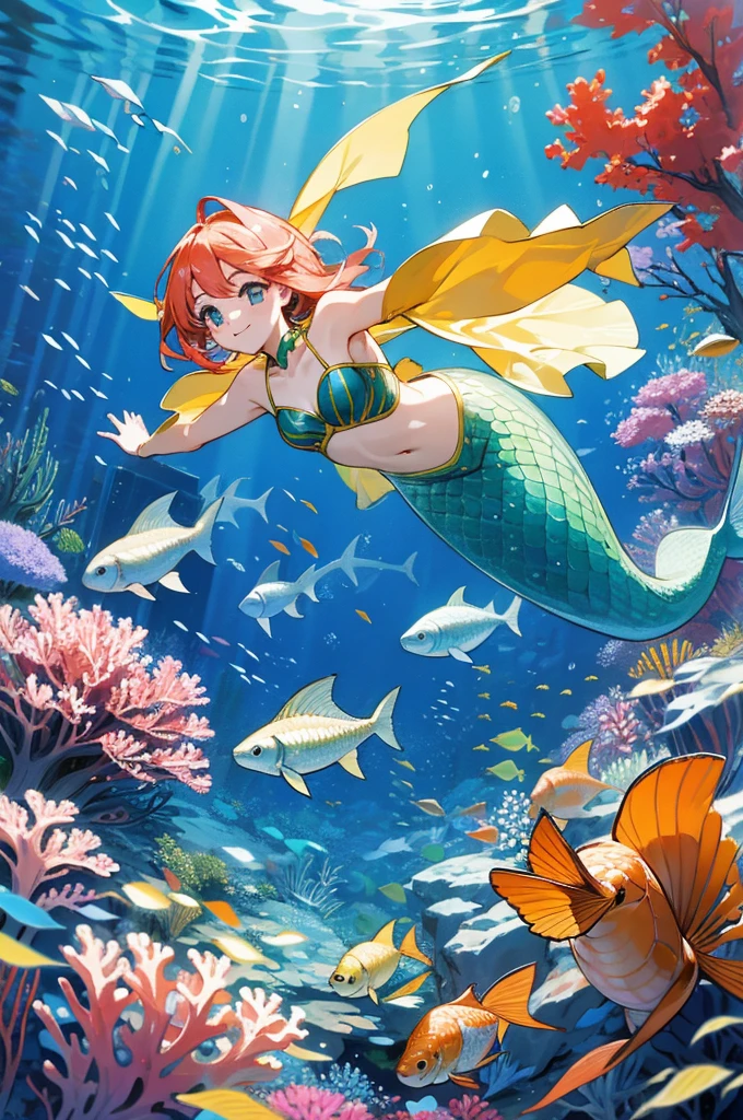 anime style, super fine illustration, highly detailed, dynamic angle, beautiful detailed, 8k, In the summer, at midday, underwater, BREAK vivid tropical fish swim in schools, surrounded by colorful corals on the seabed. A graceful sea turtle swims among them. BREAK A beautiful mermaid swims happily around, smiling occasionally. BREAK Sunlight filters through the water, brightly illuminating the scene. BREAK Everyone is enjoying the underwater world.(LoRA:0.3)