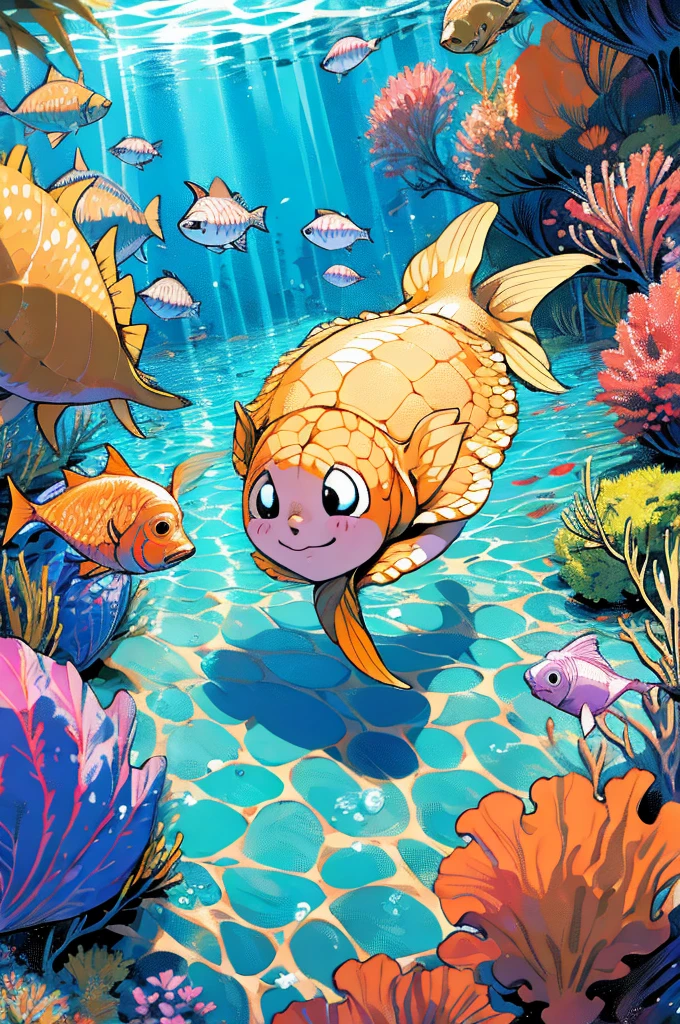 anime style, super fine illustration, highly detailed, dynamic angle, beautiful detailed, 8k, In the summer, at midday, underwater, BREAK vivid tropical fish swim in schools, surrounded by colorful corals on the seabed. A graceful sea turtle swims among them. BREAK A beautiful mermaid swims happily around, smiling occasionally. BREAK Sunlight filters through the water, brightly illuminating the scene. BREAK Everyone is enjoying the underwater world.(LoRA:1)