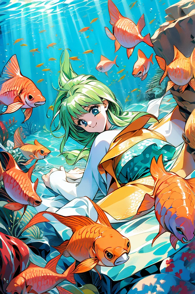 anime style, super fine illustration, highly detailed, dynamic angle, beautiful detailed, 8k, In the summer, at midday, underwater, BREAK vivid tropical fish swim in schools, surrounded by colorful corals on the seabed. A graceful sea turtle swims among them. BREAK A beautiful mermaid swims happily around, smiling occasionally. BREAK Sunlight filters through the water, brightly illuminating the scene. BREAK Everyone is enjoying the underwater world.(LoRA:1)