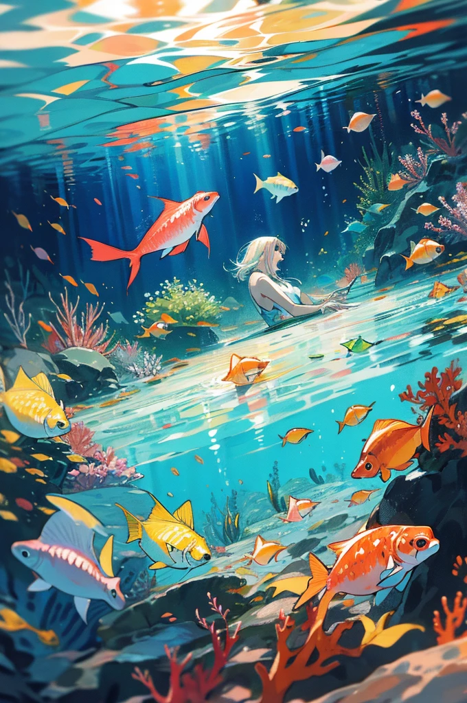 anime style, super fine illustration, highly detailed, dynamic angle, beautiful detailed, 8k, In the summer, at midday, underwater, BREAK vivid tropical fish swim in schools, surrounded by colorful corals on the seabed. A graceful sea turtle swims among them. BREAK A beautiful mermaid swims happily around, smiling occasionally. BREAK Sunlight filters through the water, brightly illuminating the scene. BREAK Everyone is enjoying the underwater world.(LoRA:0.5),masterpiece,best quality,super detailed,super fine illustration,