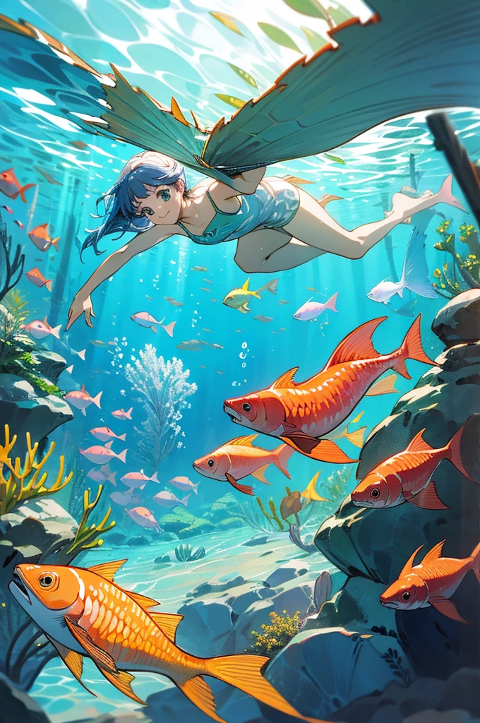 anime style, super fine illustration, highly detailed, dynamic angle, beautiful detailed, 8k, In the summer, at midday, underwater, BREAK vivid tropical fish swim in schools, surrounded by colorful corals on the seabed. A graceful sea turtle swims among them. BREAK A beautiful mermaid swims happily around, smiling occasionally. BREAK Sunlight filters through the water, brightly illuminating the scene. BREAK Everyone is enjoying the underwater world.(LoRA:0.5),masterpiece,best quality,super detailed,super fine illustration,