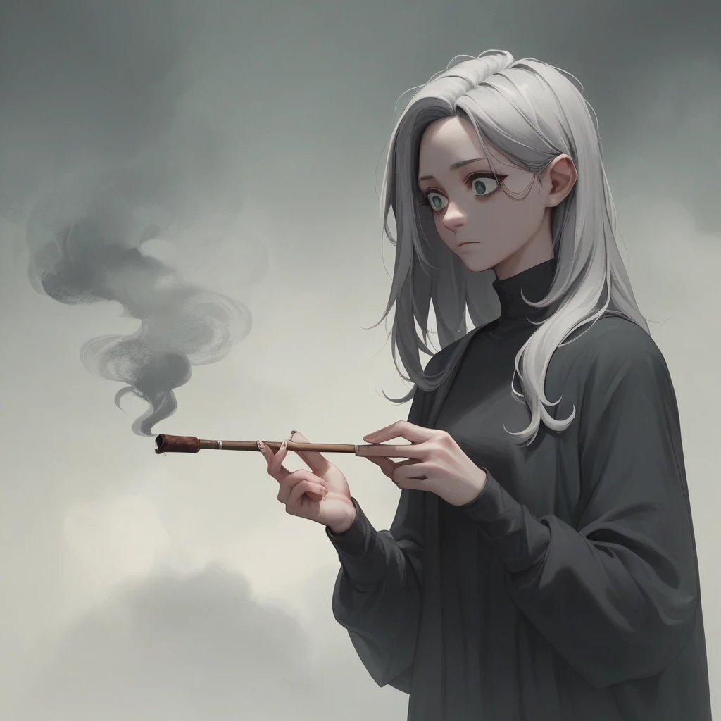 Anime Figures，Dark Villain,Long hair flutters，Grey Hair,  Cool droopy-eyed woman, tobacco, Thick fog around,4K