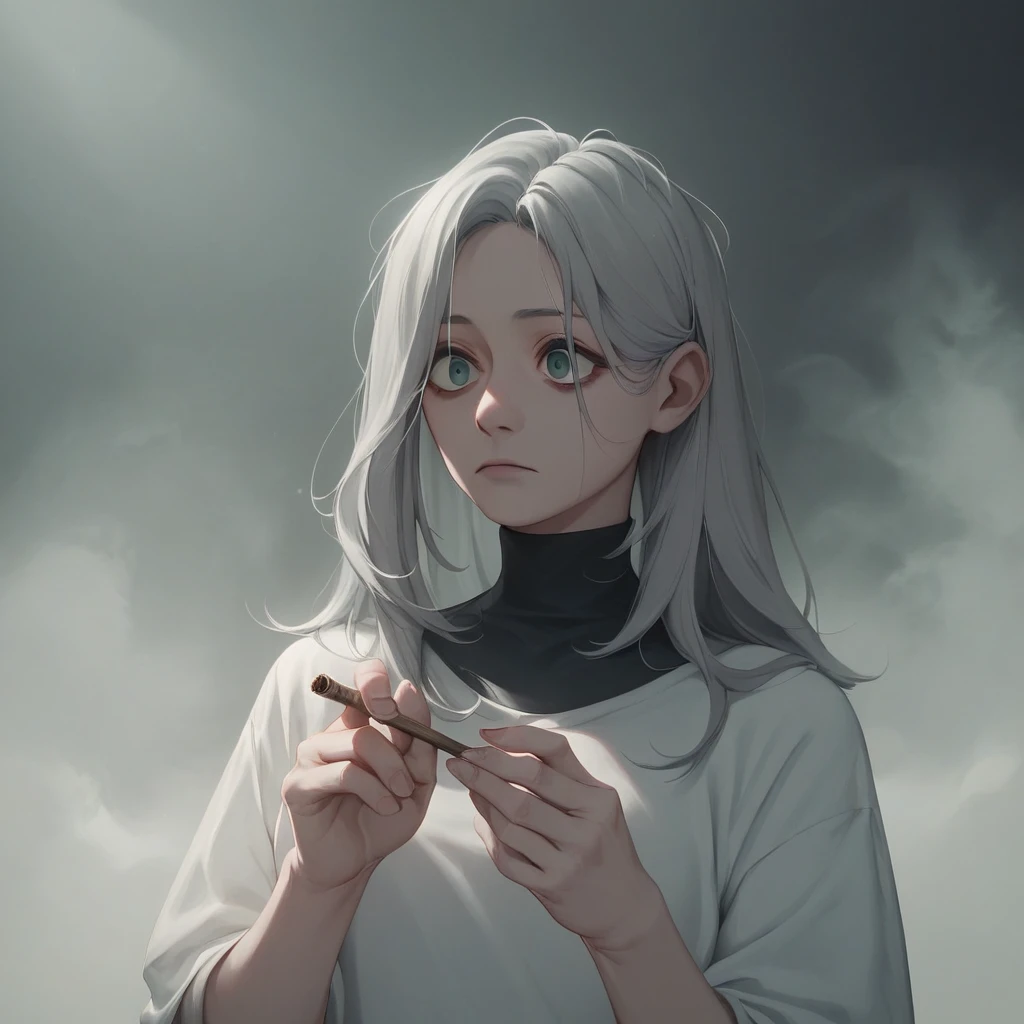 Anime Figures，Dark Villain,Long hair flutters，Grey Hair,  Cool droopy-eyed woman, tobacco, Thick fog around,4K