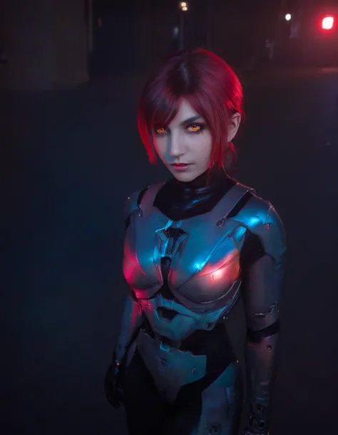 photograph CyborgCosplay, walking in the shadow, glowing eyes, red eyes, 50mm . cinematic 4k epic detailed 4k epic detailed phot...