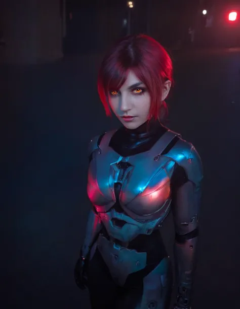 photograph cyborgcosplay, walking in the shadow, glowing eyes, red eyes, 50mm . cinematic 4k epic detailed 4k epic detailed phot...