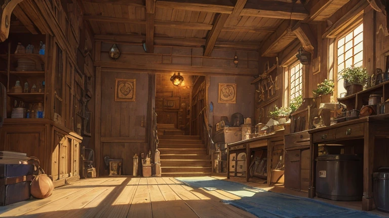 ghibli steampunk studio interior, medieval low fantasy setting
