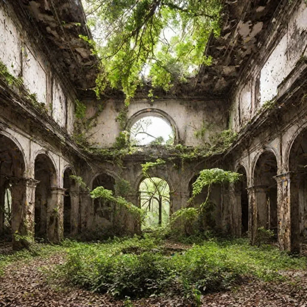 abandoned building inside with plants and trees10