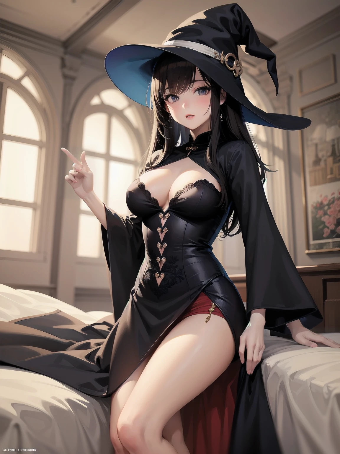 masterpiece, illustration, super detailed, kawaii, one girl, solo, witch in super cute pose, bed room, cowboy shot  ,sfw, Dynamic angle