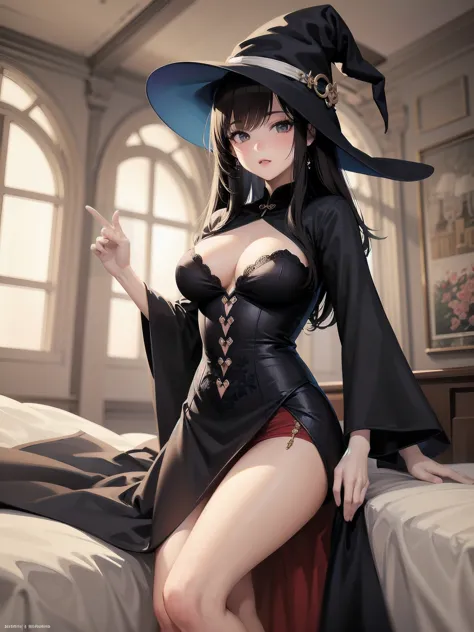 masterpiece, illustration, super detailed, kawaii, one girl, solo, witch in super cute pose, bed room, cowboy shot  ,sfw, Dynami...