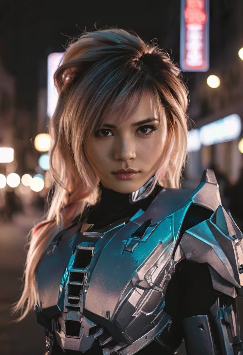 (realistic analog style sharp focus 8k raw photo with soft lighting and high quality:1.1), (hdr film grain:1.2),movie poster, a cute woman wearing a shiny (textured:1.2) (intricate:1.2) cyborgcosplay in a dark street at night, (cinematic hairstyle:1.2)
