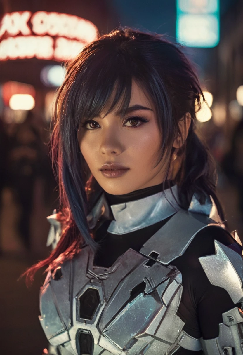 (realistic analog style sharp focus 8k raw photo with soft lighting and high quality:1.1), (hdr film grain:1.2),movie poster, a cute woman wearing a shiny (textured:1.2) (intricate:1.2) cyborgcosplay in a dark street at night, (cinematic hairstyle:1.2)
