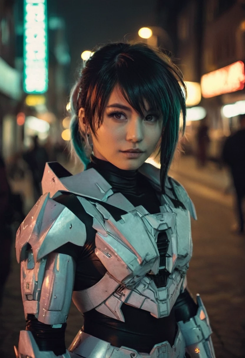 (realistic analog style sharp focus 8k raw photo with soft lighting and high quality:1.1), (hdr film grain:1.2),movie poster, a cute woman wearing a shiny (textured:1.2) (intricate:1.2) cyborgcosplay in a dark street at night, (cinematic hairstyle:1.2)
