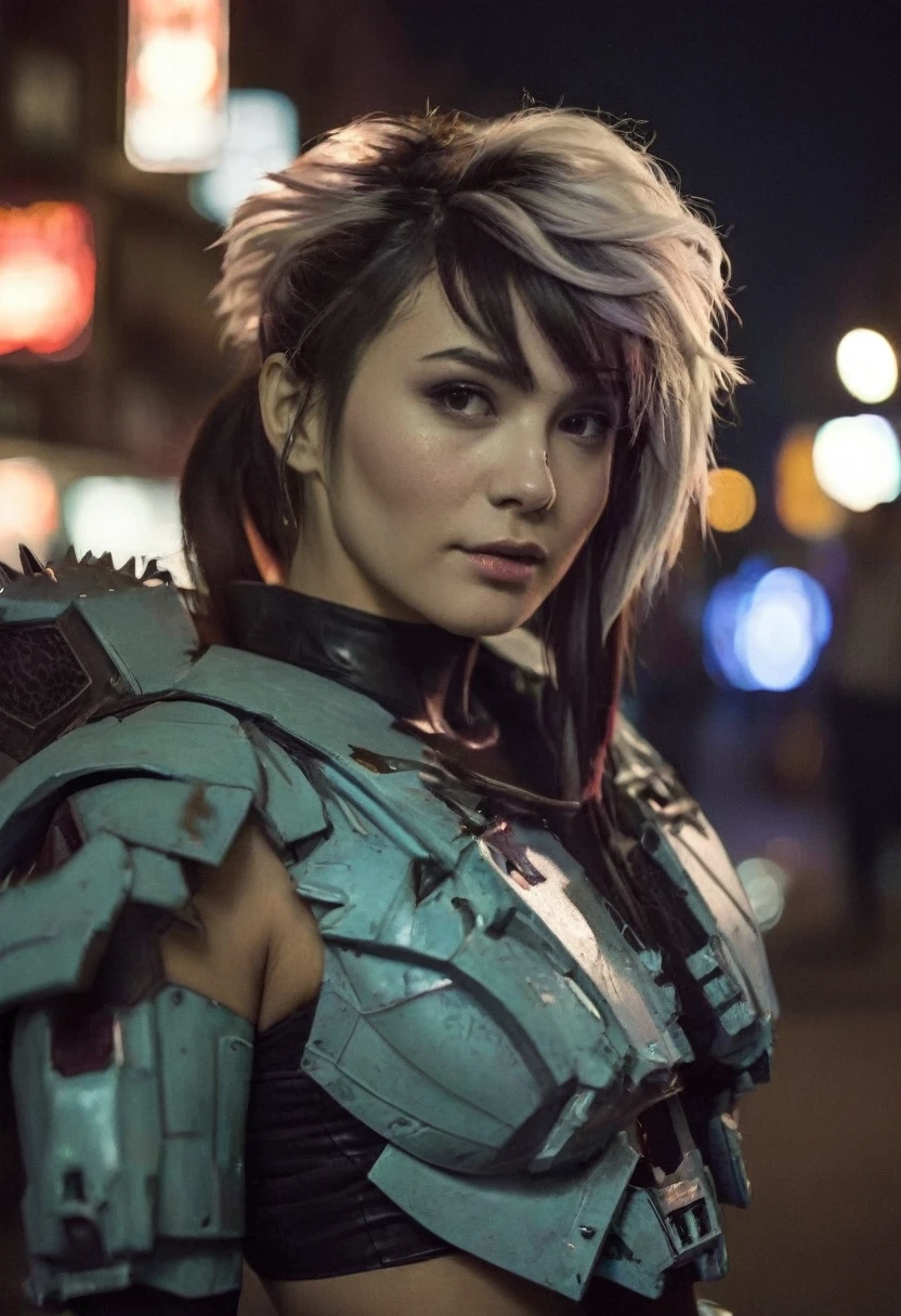 (realistic analog style sharp focus 8k raw photo with soft lighting and high quality:1.1), (hdr film grain:1.2),movie poster, a cute woman wearing a shiny (textured:1.2) (intricate:1.2) cyborgcosplay in a dark street at night, (cinematic hairstyle:1.2)
