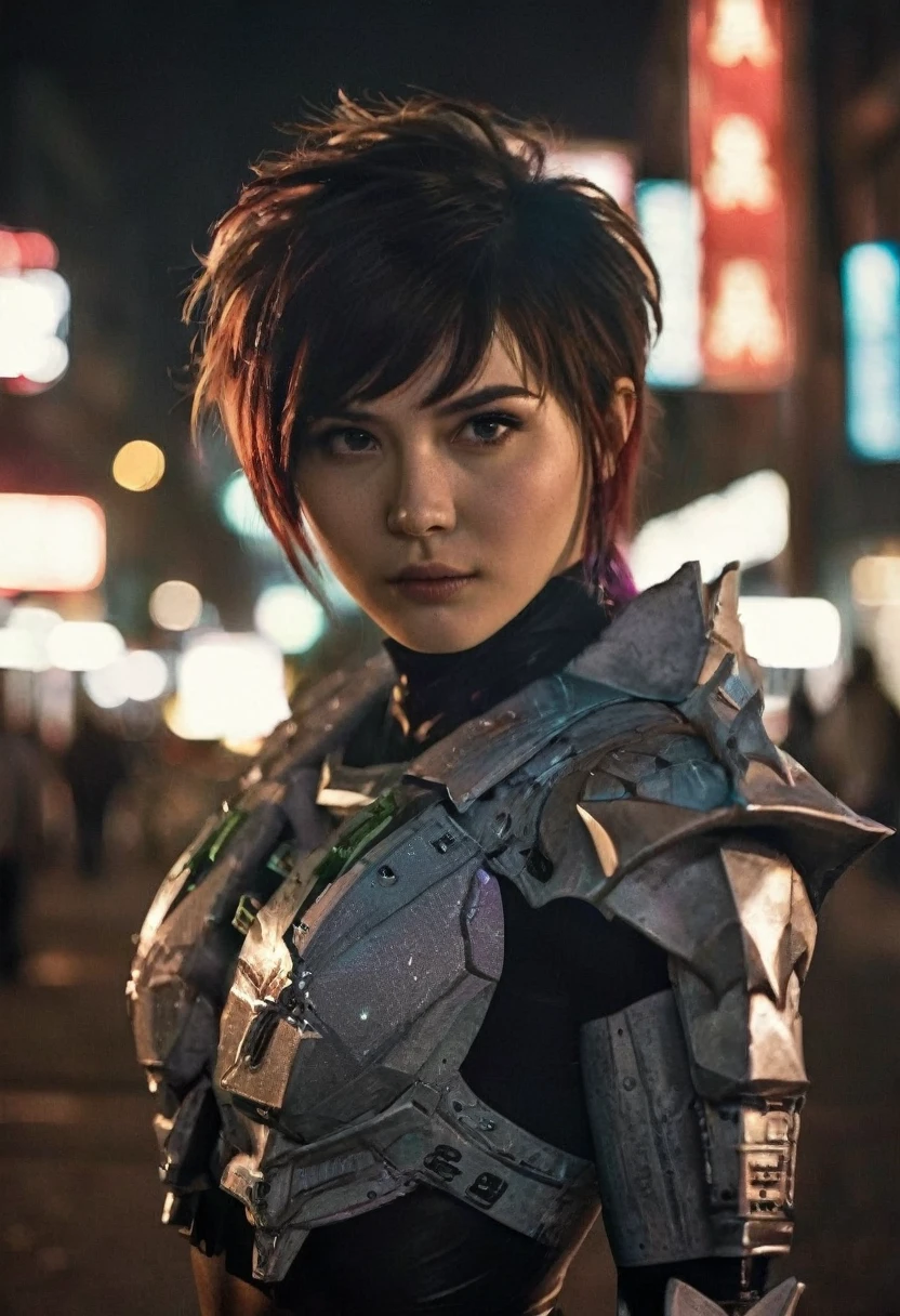 (realistic analog style sharp focus 8k raw photo with soft lighting and high quality:1.1), (hdr film grain:1.2),movie poster, a cute woman wearing a shiny (textured:1.2) (intricate:1.2) cyborgcosplay in a dark street at night, (cinematic hairstyle:1.2)
