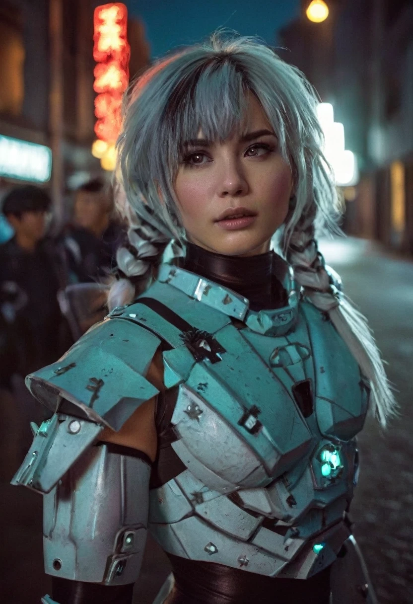 (realistic analog style sharp focus 8k raw photo with soft lighting and high quality:1.1), (hdr film grain:1.2),movie poster, a cute woman wearing a shiny (textured:1.2) (intricate:1.2) cyborgcosplay in a dark street at night, (cinematic hairstyle:1.2)
