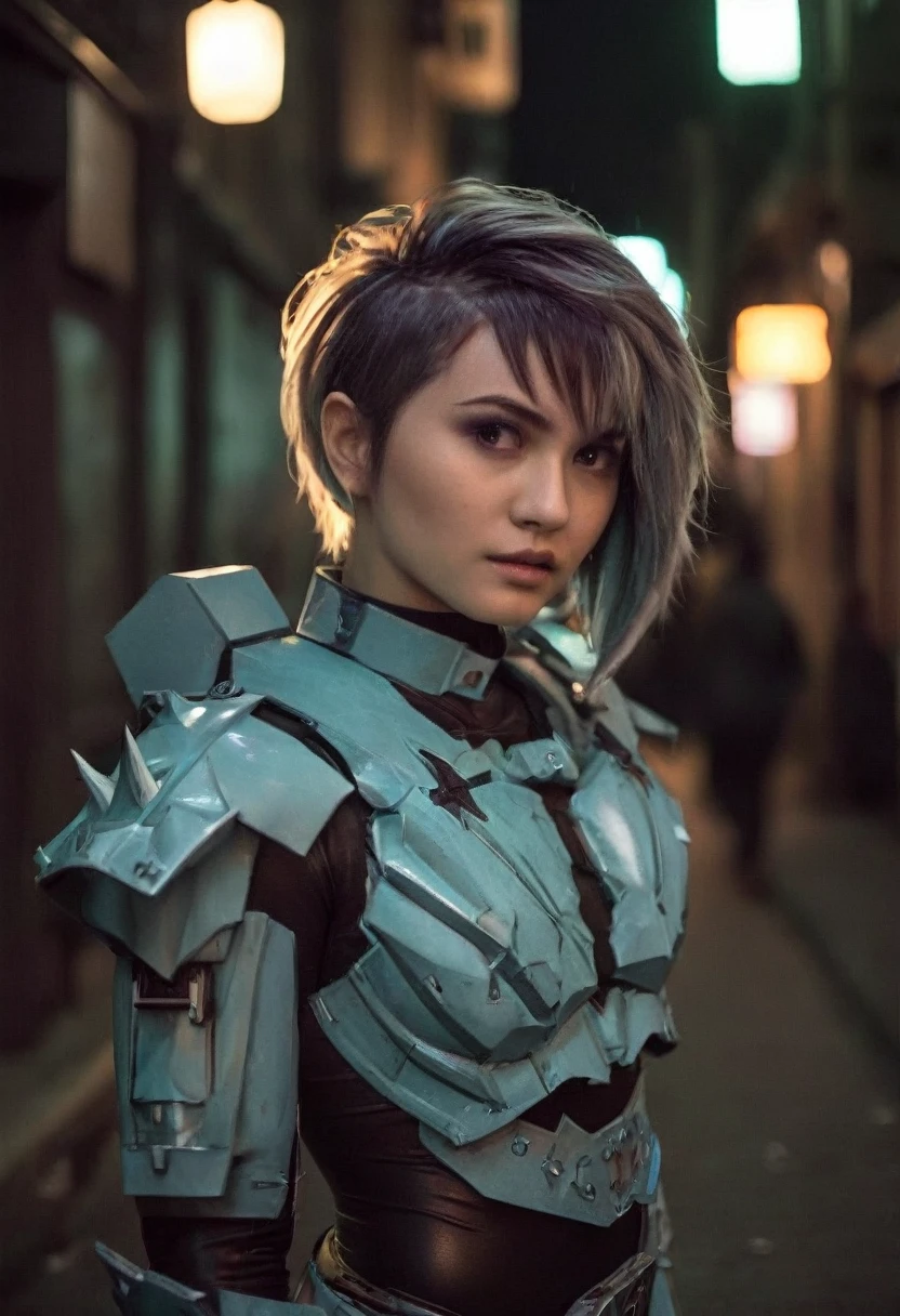 (realistic analog style sharp focus 8k raw photo with soft lighting and high quality:1.1), (hdr film grain:1.2),movie poster, a cute woman wearing a shiny (textured:1.2) (intricate:1.2) cyborgcosplay in a dark street at night, (cinematic hairstyle:1.2)
