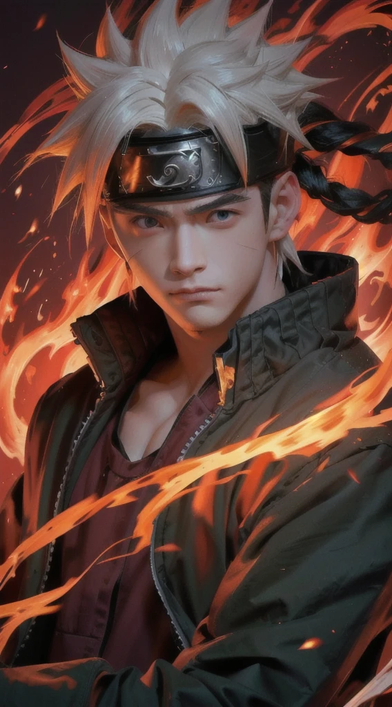  character with fire and flames in his hair, badass 8 k, naruto artstyle, 