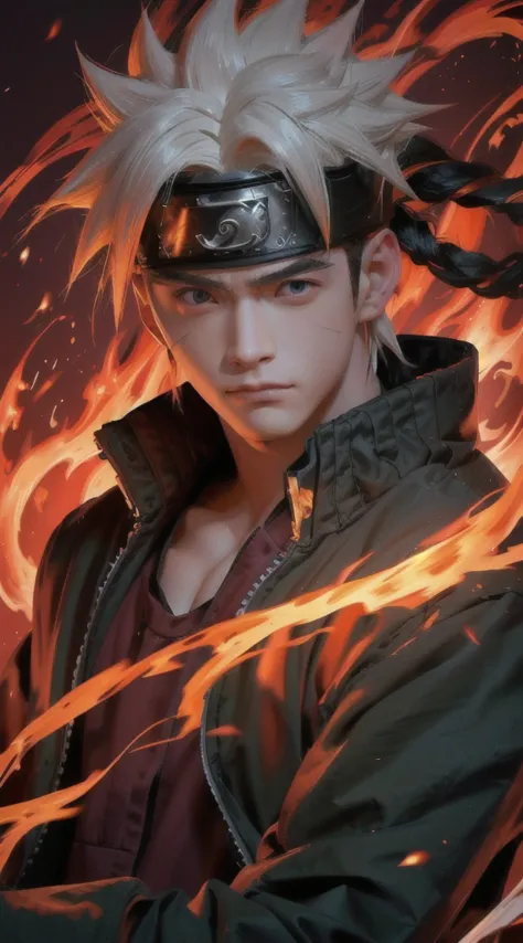  character with fire and flames in his hair, badass 8 k, naruto artstyle, 